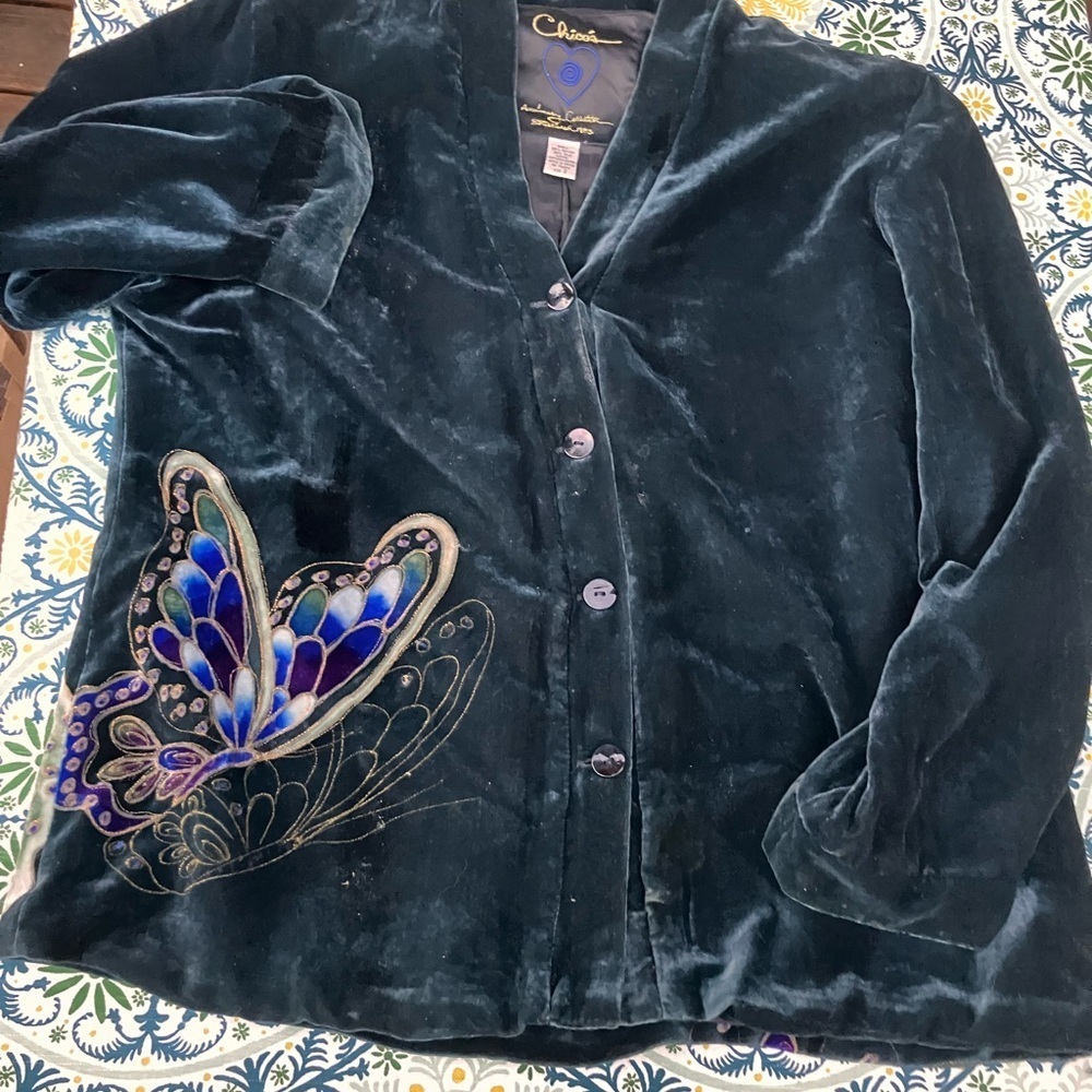 Chico’s anniversary collection  1983 silk blend velvet  top  painted butterflies